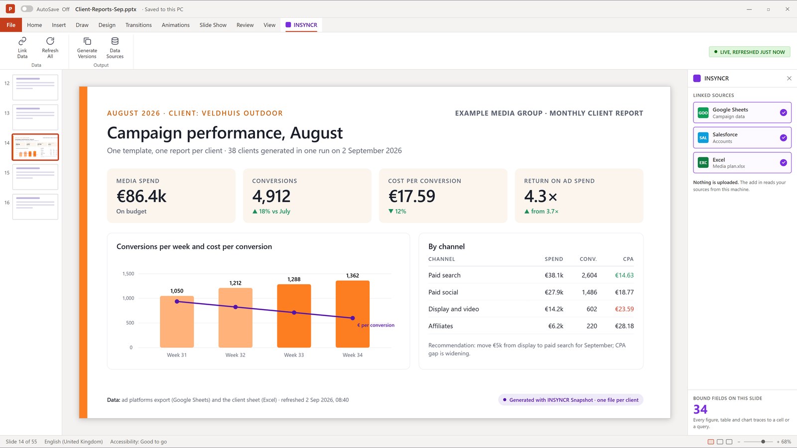 One template, one report per client, generated in a run