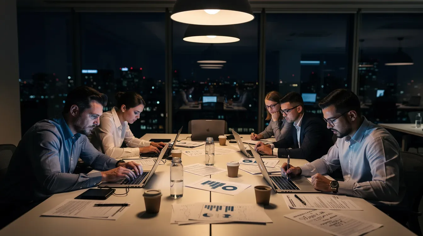 A team of professionals is working late at night, focused on laptops and documents, as they analyze data and implement real-time data integration strategies. The atmosphere is intense, reflecting their commitment to ensuring high-quality data and operational efficiency across multiple systems.